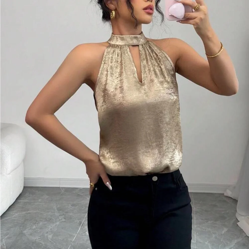 Chic Metallic Halter Blouse_3